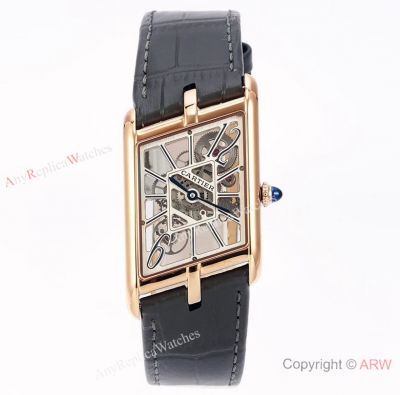 Swiss Replica Cartier New Tank Skeleton Watch Rose Gold Case